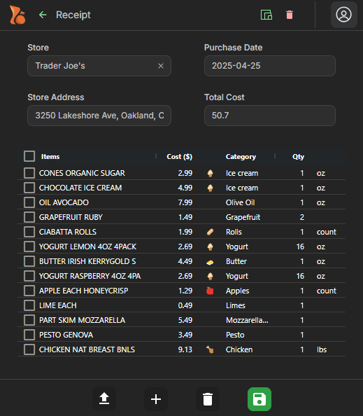 The Bucksy receipt page listing the items read from a grocery receipt